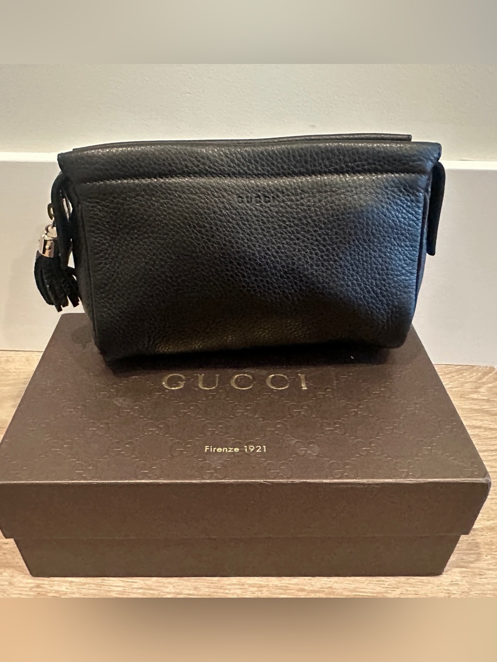 Gucci Cellarius Cosmetic Pouch, Black Pebbled Calfskin with Tassel
